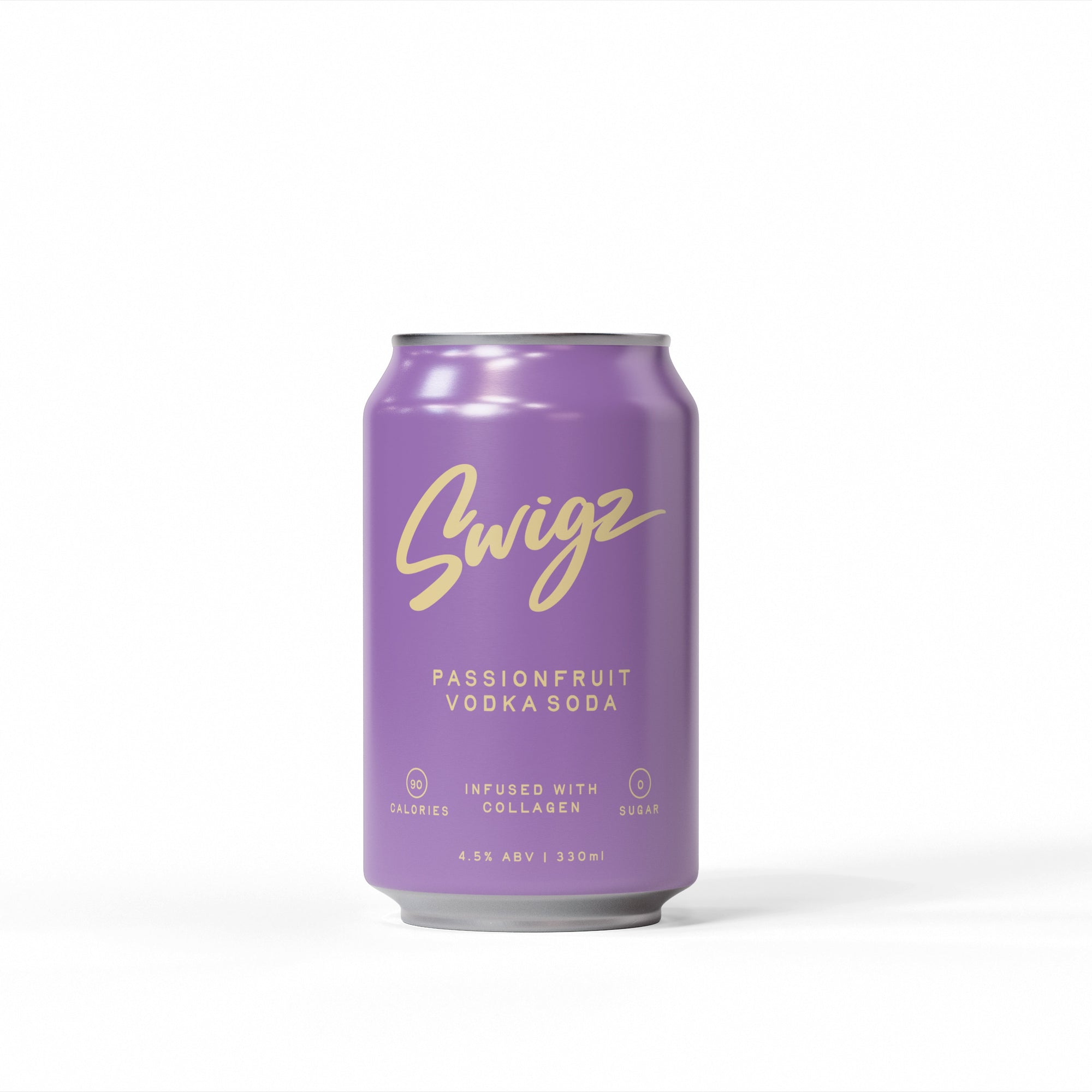 Close up of a Swigz passionfruit vodka soda can
