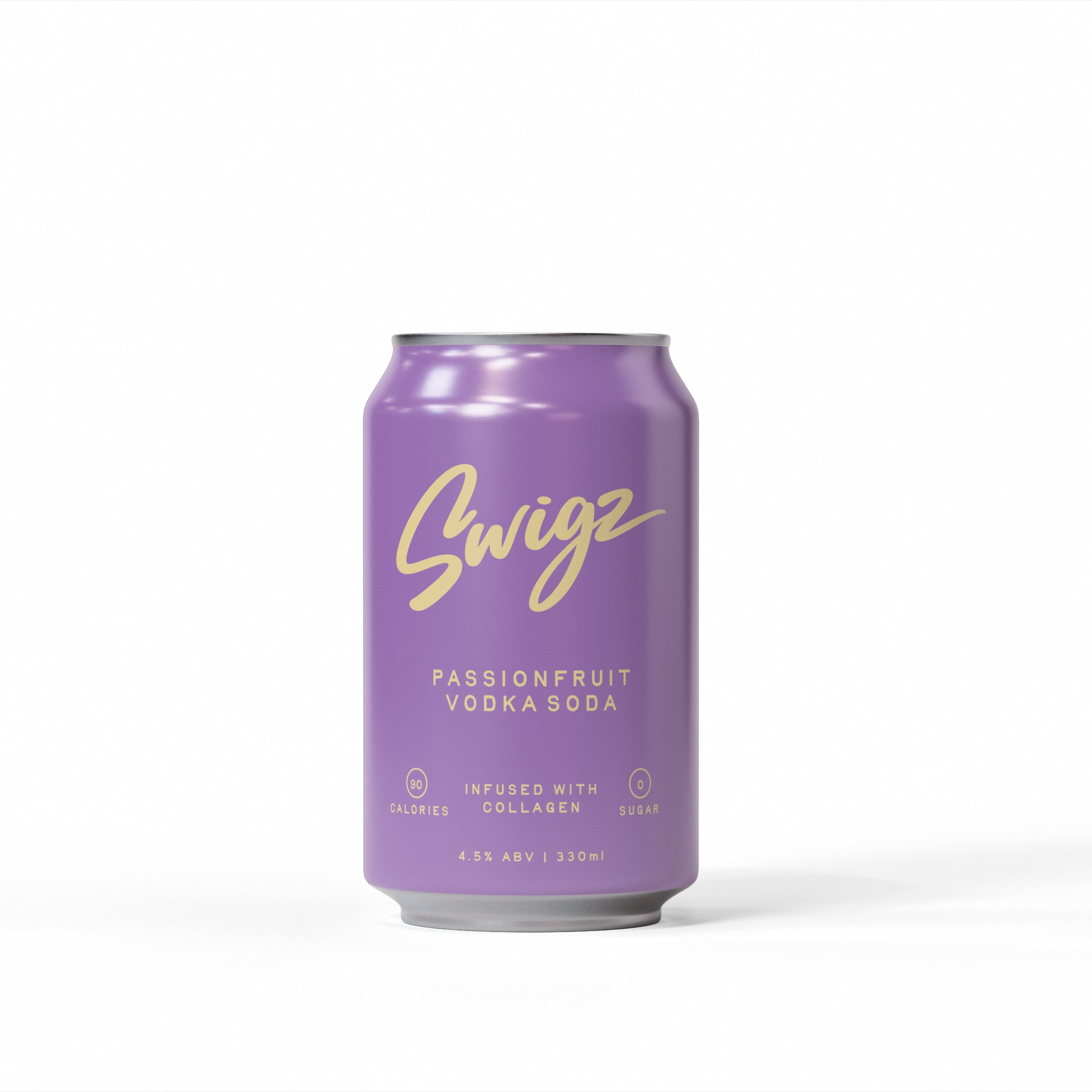 Close up of a Swigz passionfruit vodka soda can